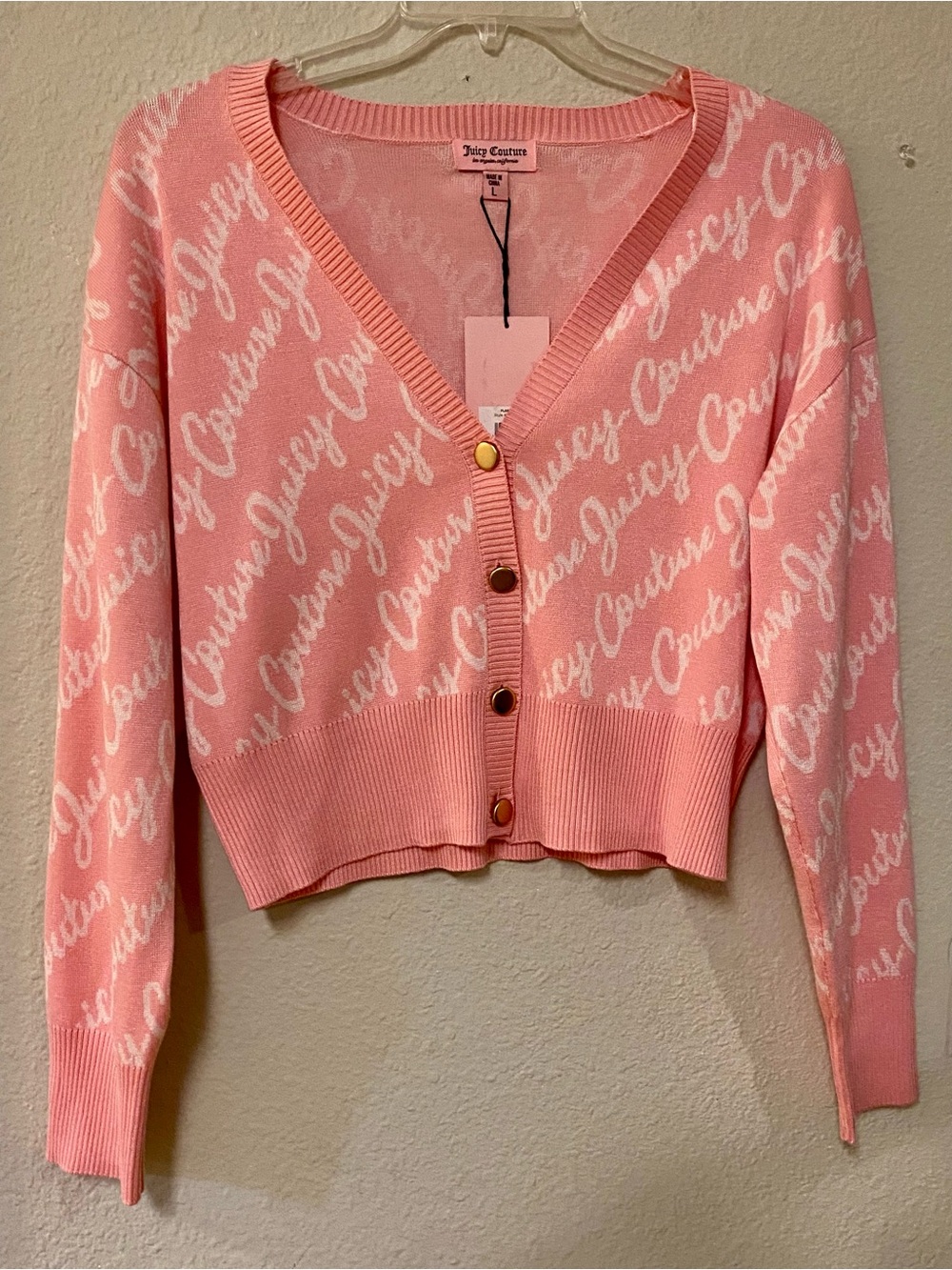 Juicy Couture Pink Script Logo Cropped V-Neck Button Cardigan - Size Large - NWT